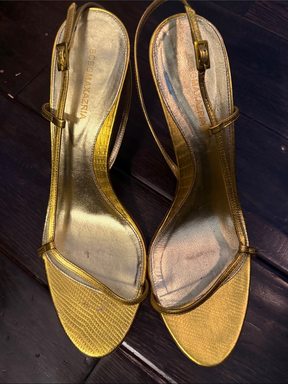 BCBGMAXAZRIA Gold Slingback Stiletto Sandals - Women's Evening Shoes, 391/2 EUC. - Picture 9 of 11